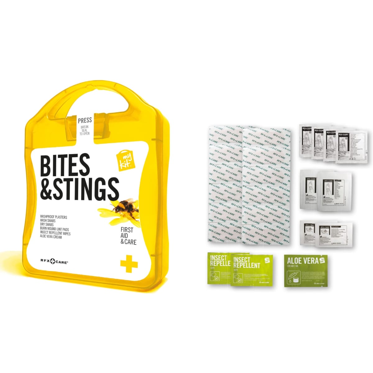 A bright yellow first aid kit titled "Bites&Stings" containing waterproof plasters, insect repellent, and aloe vera.