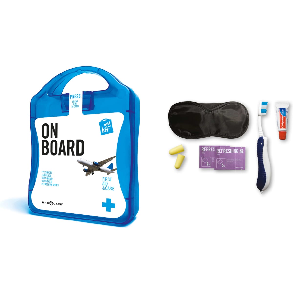 A blue first aid kit in a case, containing earplugs, a sleep mask, toothbrush, toothpaste, and care instructions.