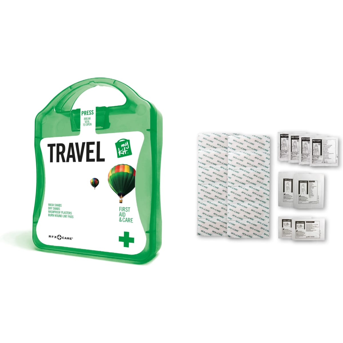 A green first aid kit labelled "Travel," containing various care supplies and single-use packets.