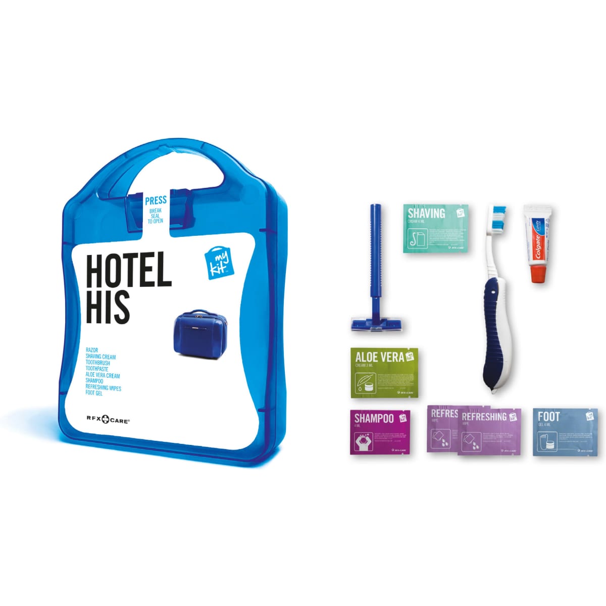 A blue travel kit containing shaving items, aloe vera, shampoo, and foot refresh products, all packaged in a clear case.