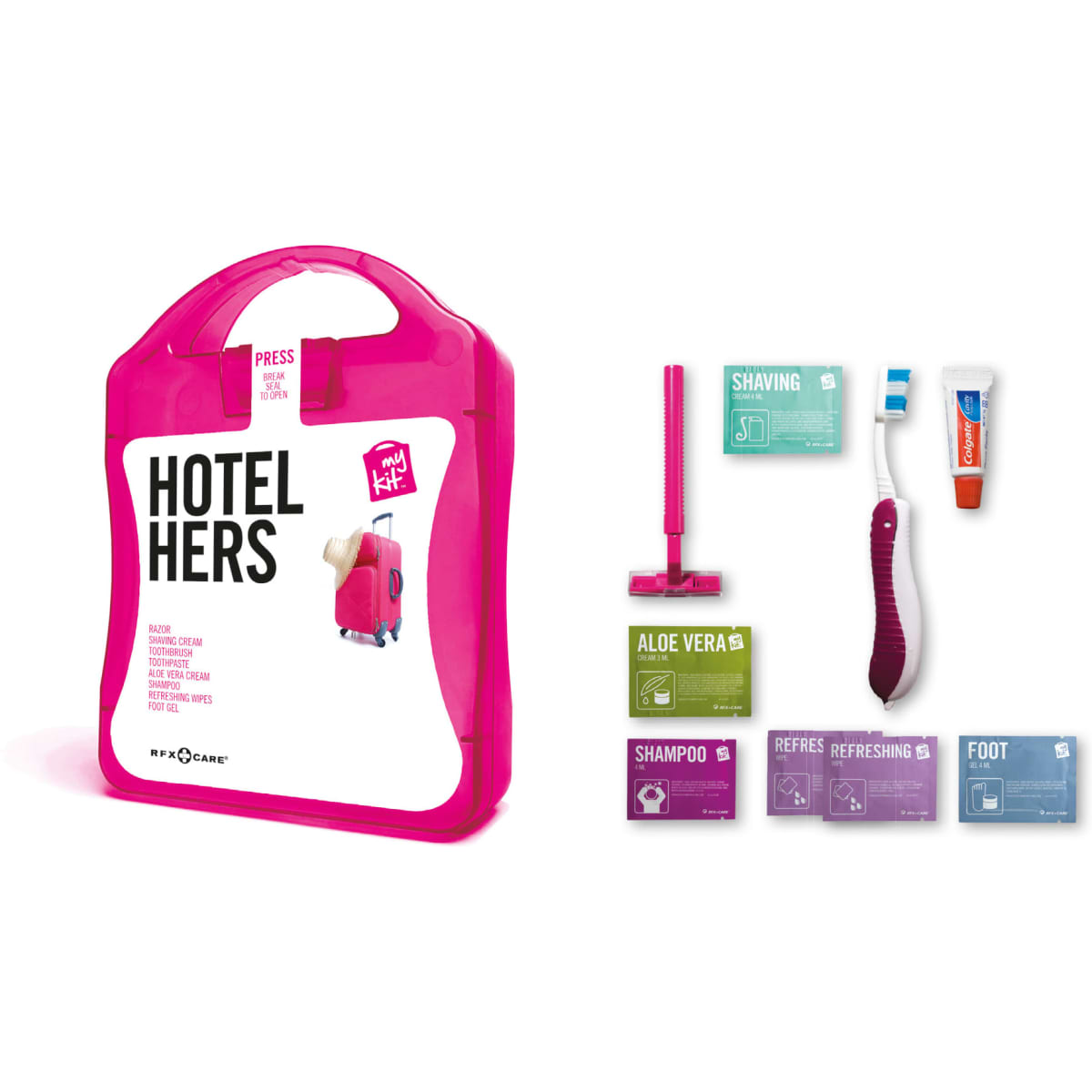A pink travel kit containing assorted toiletries, including shaving cream, shampoo, and aloe vera, with a branded case.