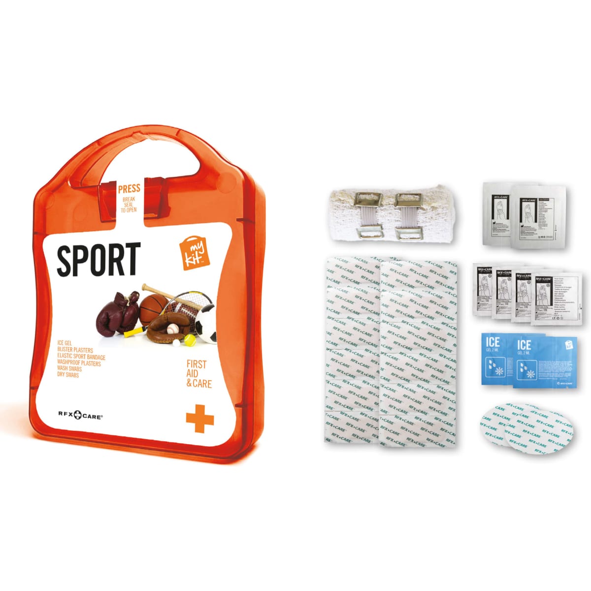 An orange first aid kit containing various supplies, including bandages, ice packs, and antiseptic packets.