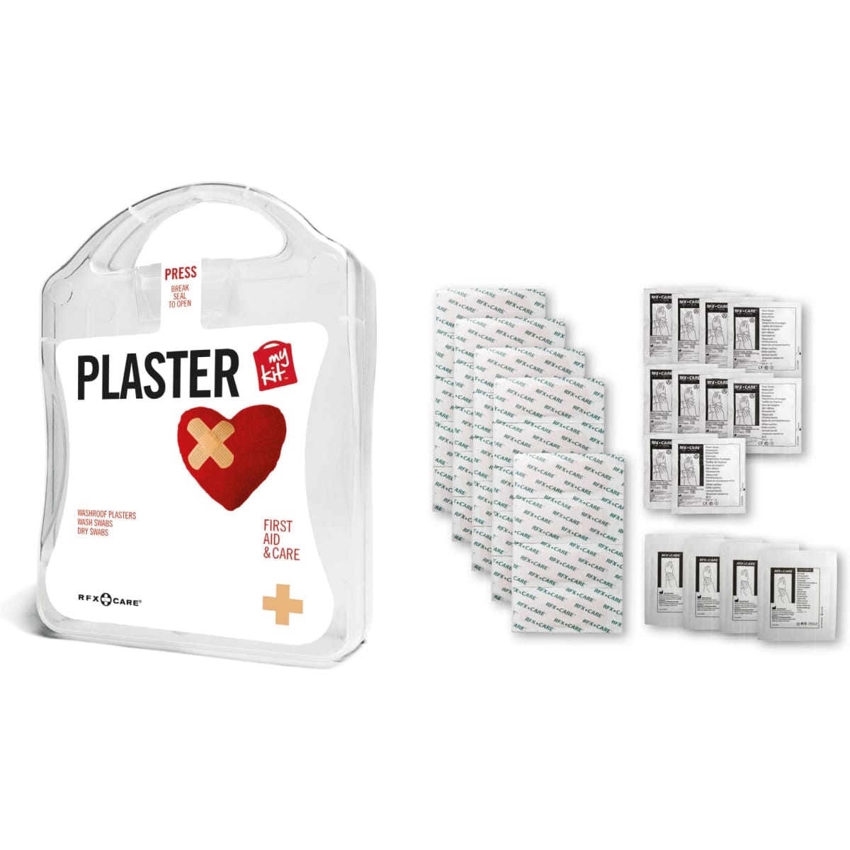 A transparent container of Plaster featuring a heart design, accompanied by multiple packs of waterproof plasters.