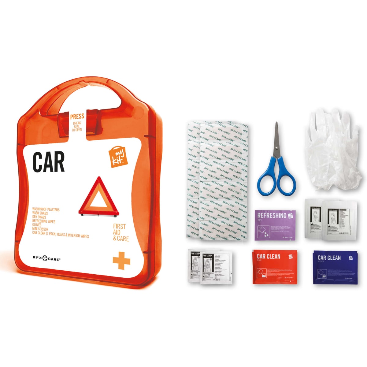 An orange first aid kit labelled "Car" containing scissors, gloves, wipes, and other care items.