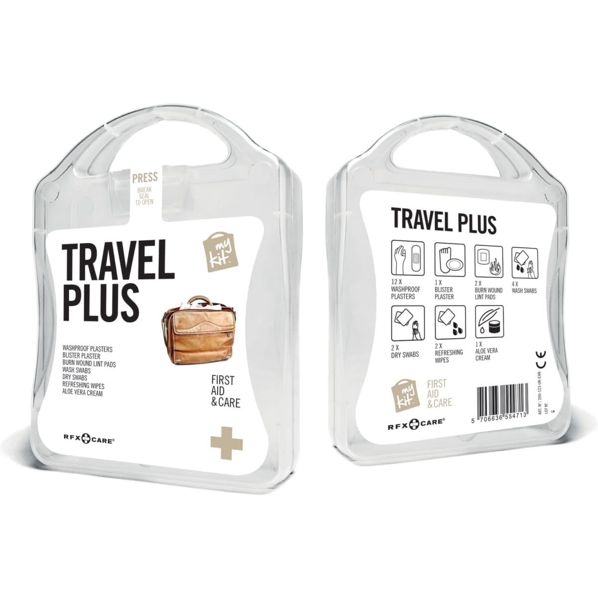A clear first aid kit named "Travel Plus" featuring a handle, with various compartments and a logo.