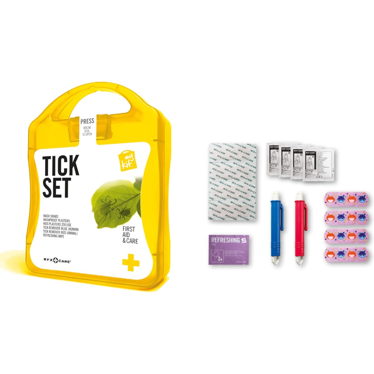 A yellow first aid kit containing tick removal tools, including two pens, wipes, and informative leaflets.
