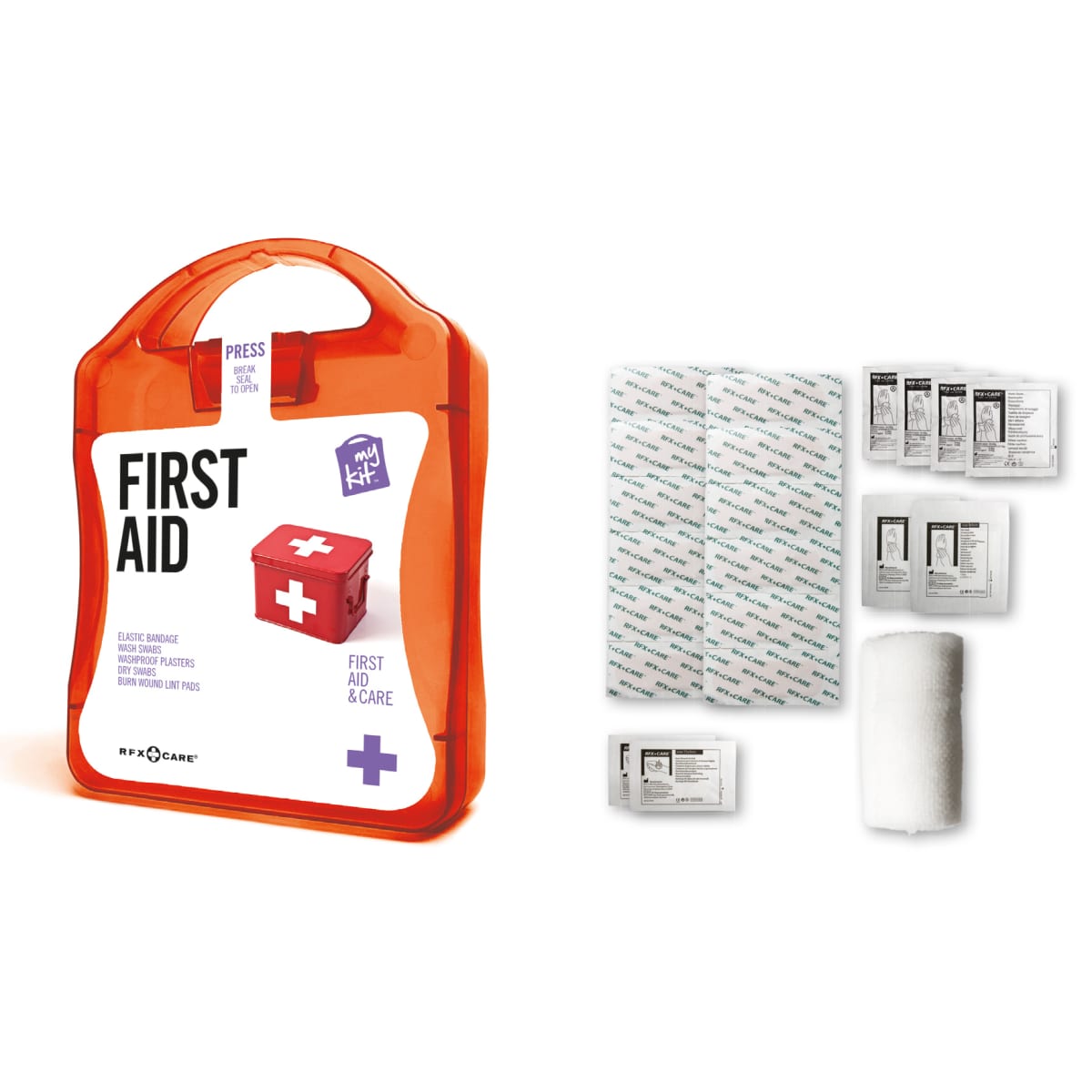 An orange first aid kit with a handle contains bandages, sterile pads, and various medical supplies, plus an item with a logo.