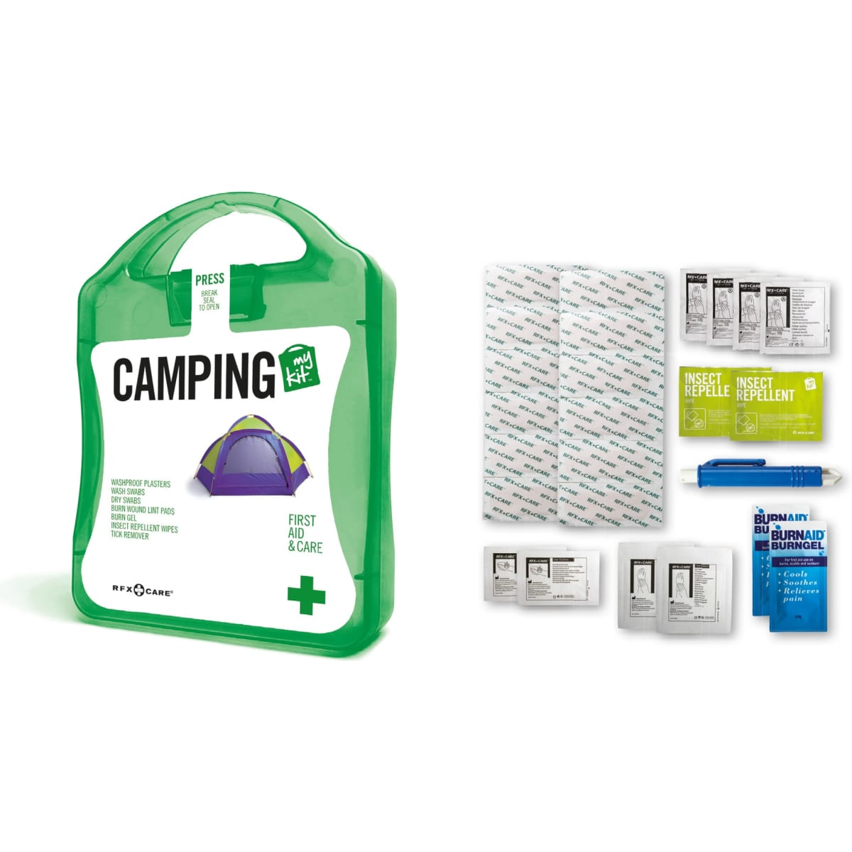 A green first aid kit with a handle, containing various insect repellent and burn relief products, along with a logo.