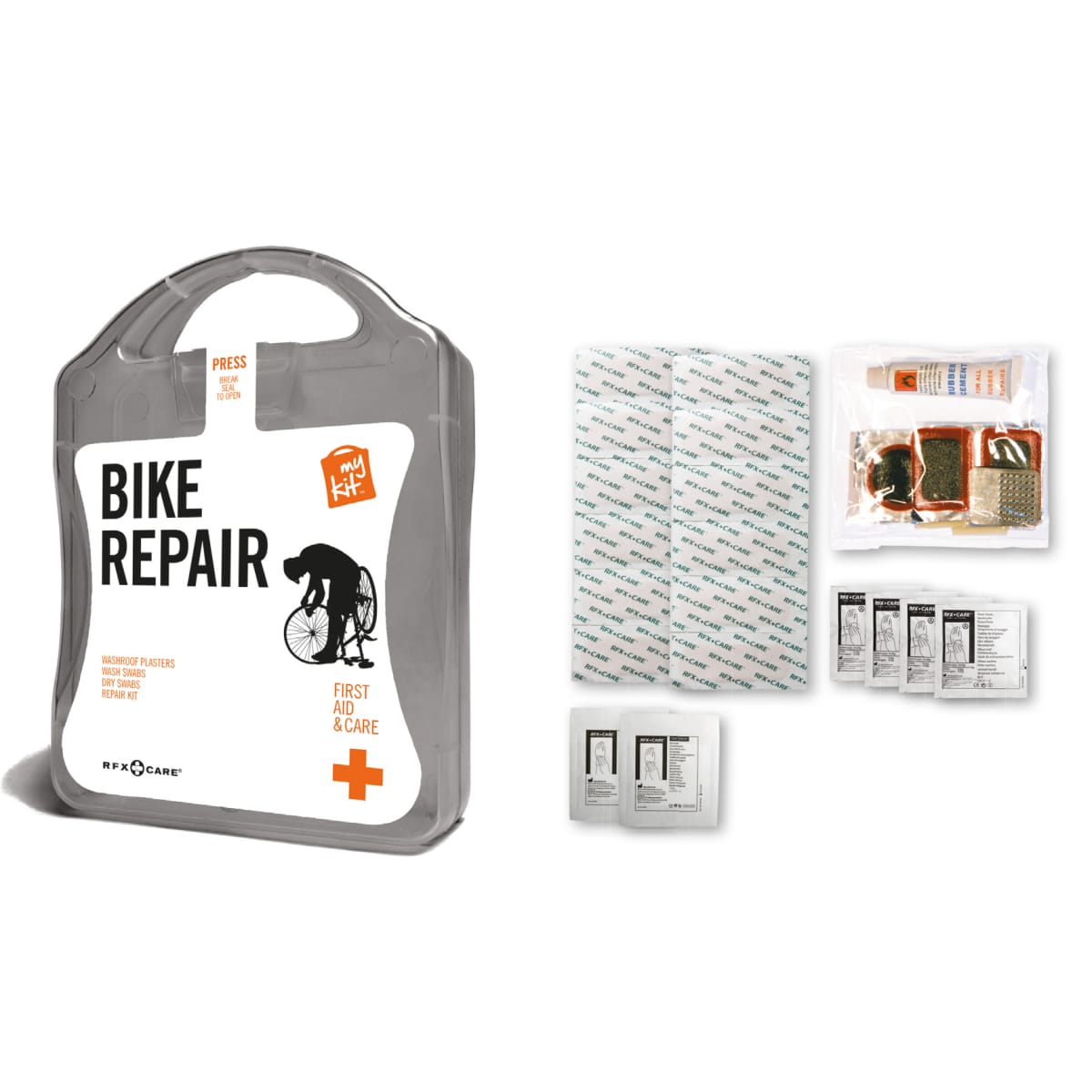 A clear plastic case containing a bike repair kit with assorted tools, patches, and accessories in various colours.