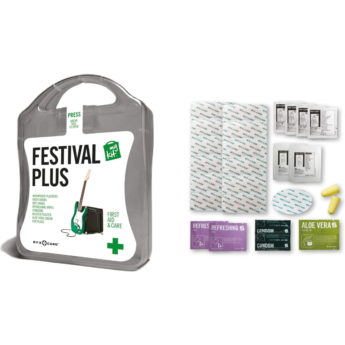 A first aid kit featuring a guitar design, with waterproof plasters, refreshing wipes, aloe vera, and earplugs. It has a grey carry case.