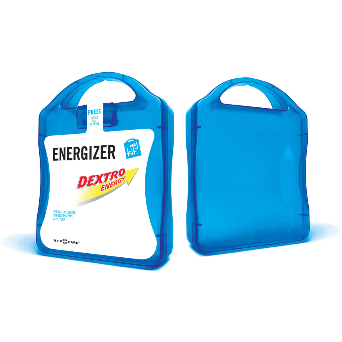A blue rectangular container with a handle, featuring a logo and a label for Energizer Dextro Energy tablets.