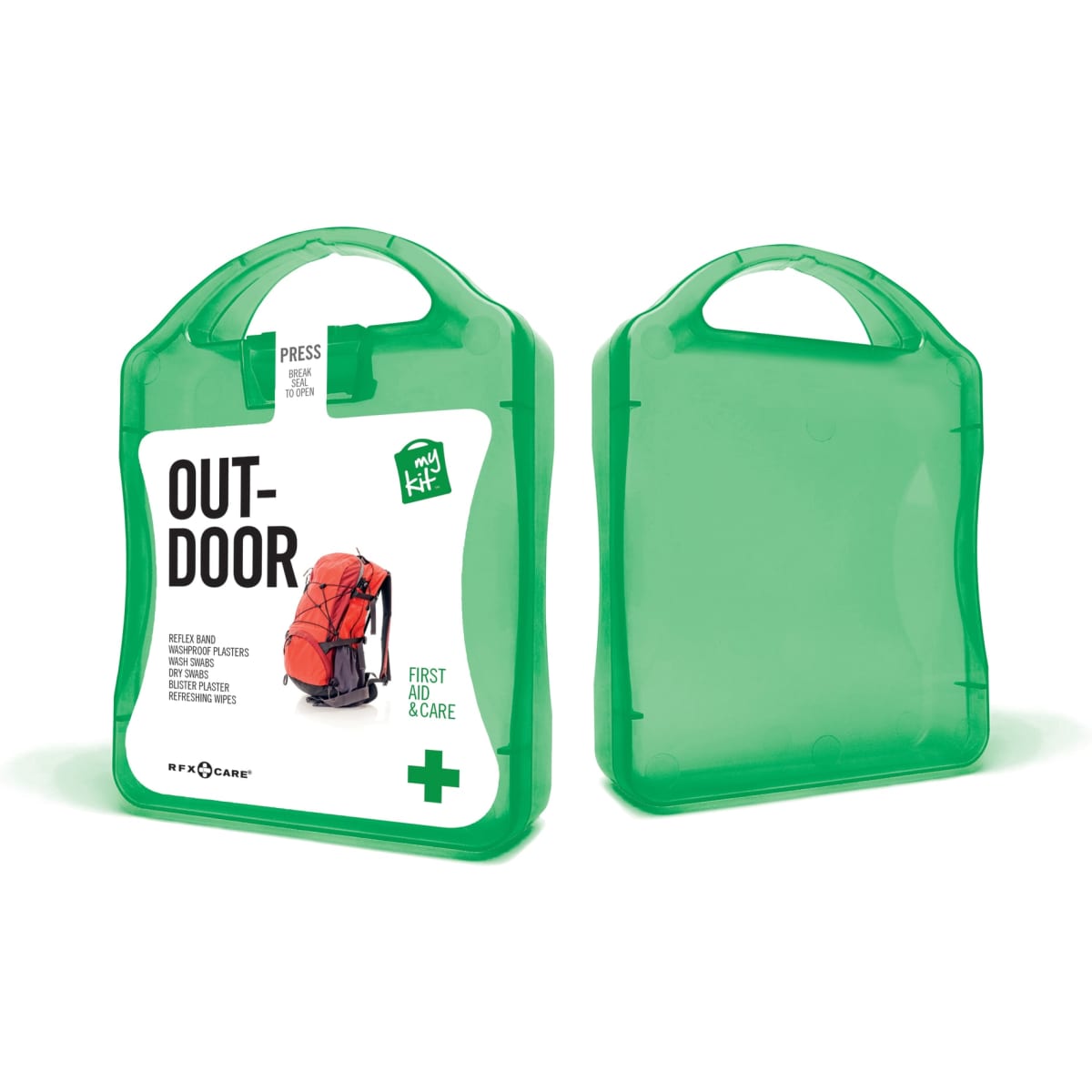 A green first aid kit featuring a handle and a transparent design, with a backpack visible through the packaging.