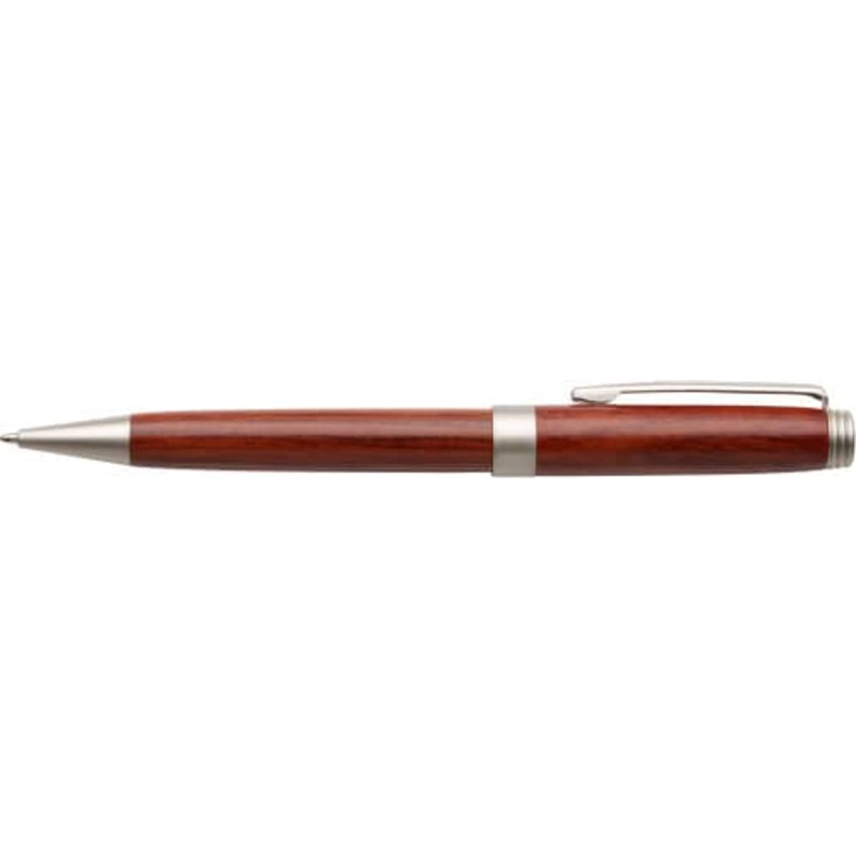 A rosewood ballpoint pen with a silver clip and band. It features a polished wooden finish.