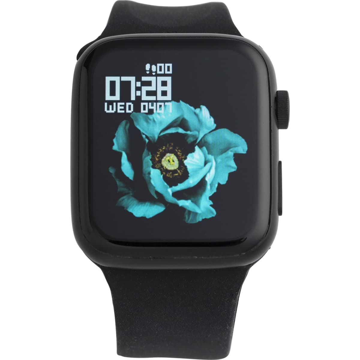 A black smart watch featuring a vibrant turquoise flower display on the screen, with a side button and digital time.