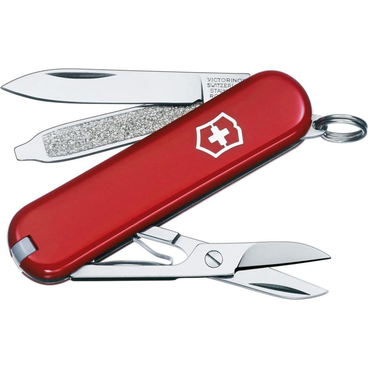 Victorinox pocket knife with seven functions: toothpick, scissors, tweezers, nail file, screwdriver (2.5 mm), key ring, and a small blade. Individually packaged in gift box.