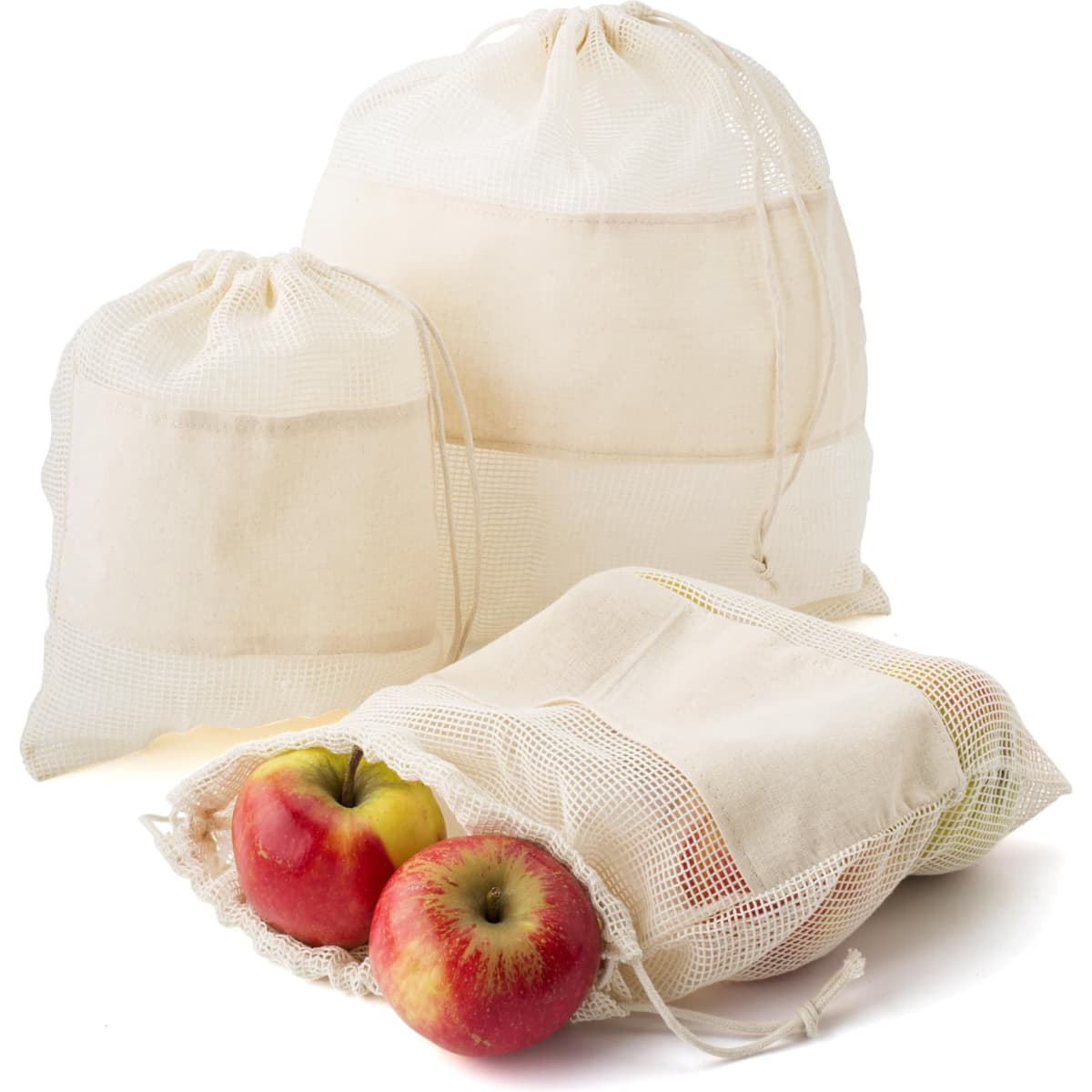 Set of three reusasable cotton mesh produce bags
