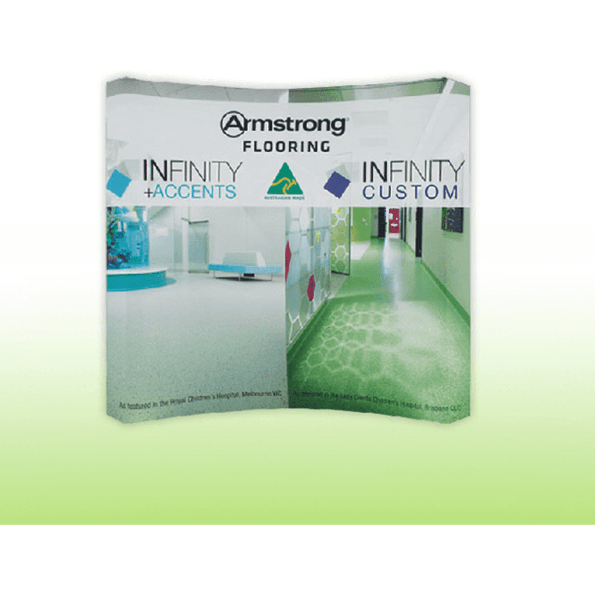 A curved promotional backdrop featuring a green and white design with a logo, showcasing flooring options.