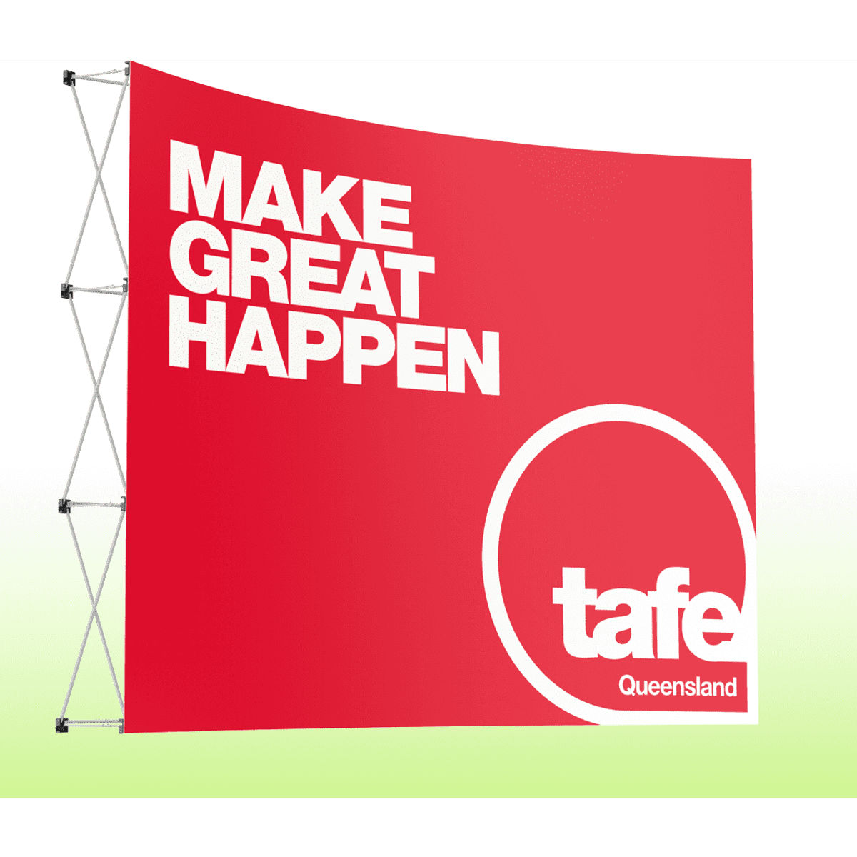 A red expanding curved backdrop with a white logo and text, featuring a branding element.