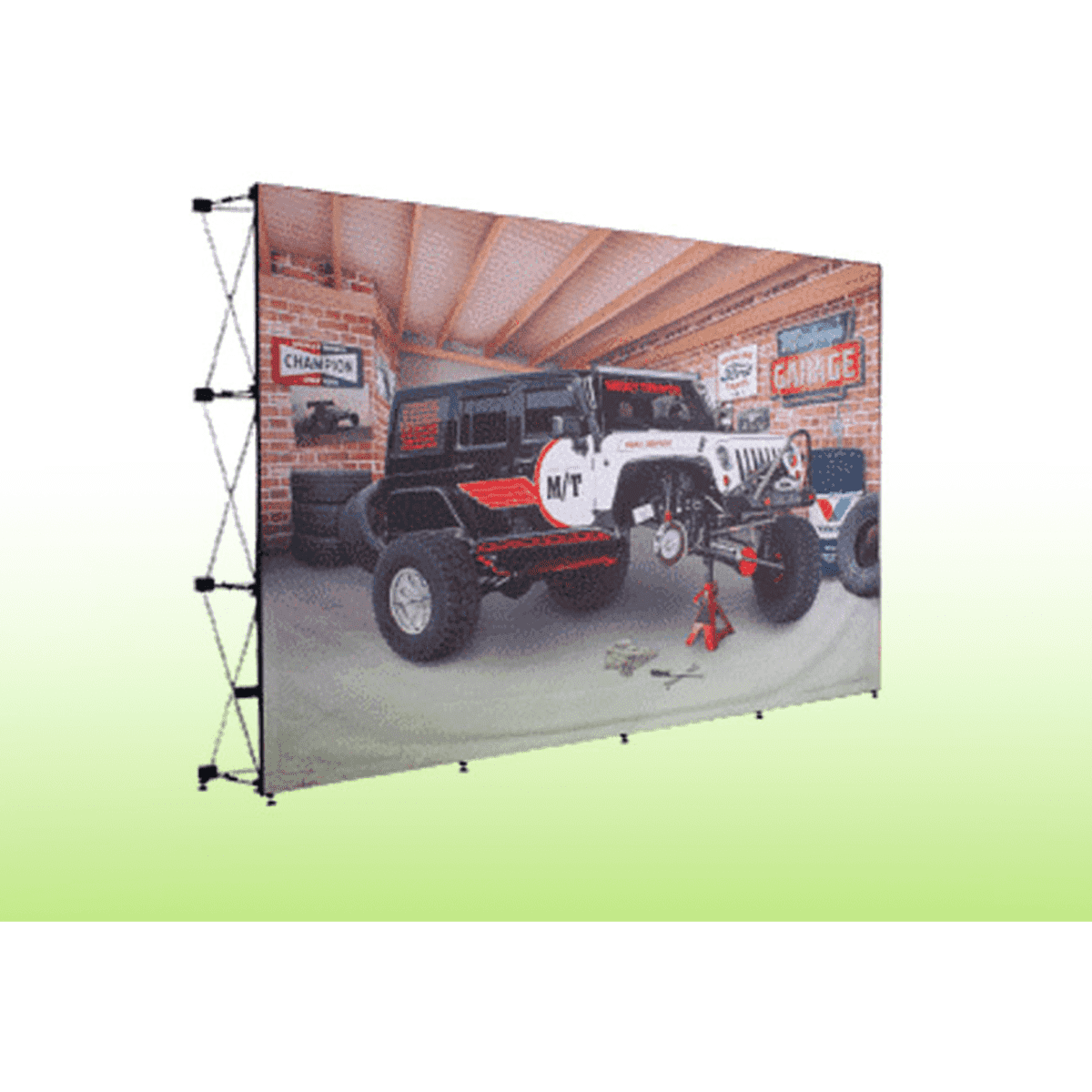 A promotional MEDIA BANNER WALL with a colourful backdrop featuring a vehicle in a garage setting.