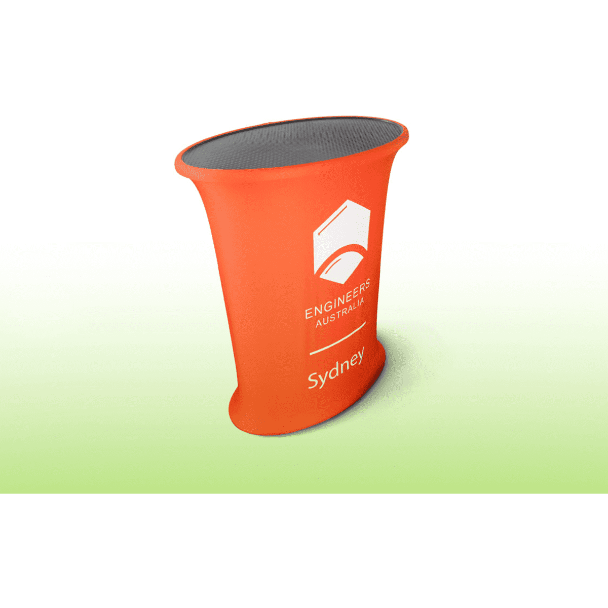 An orange promotional table with a grey top, featuring a logo on the front and a curved design.