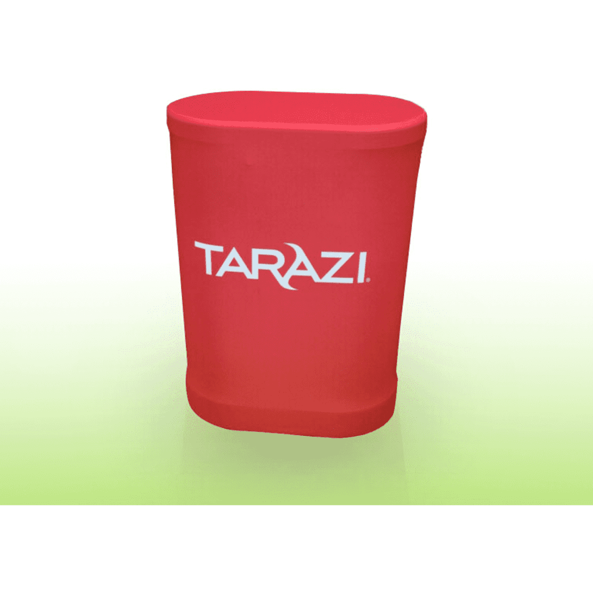 A red travel case counter with a curved top and a logo on the front, set against a white background.