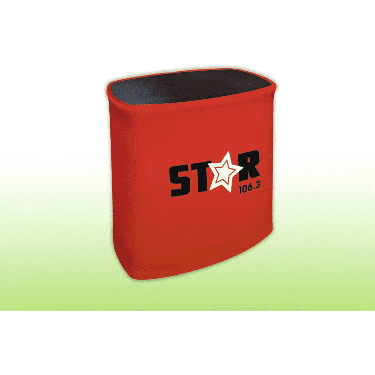 A red tension fabric counter with a curved top and black surface, featuring a logo on the front.