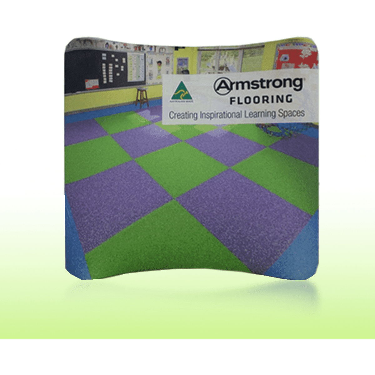 A curved backdrop featuring a colourful classroom floor design with purple and green tiles, and a logo.