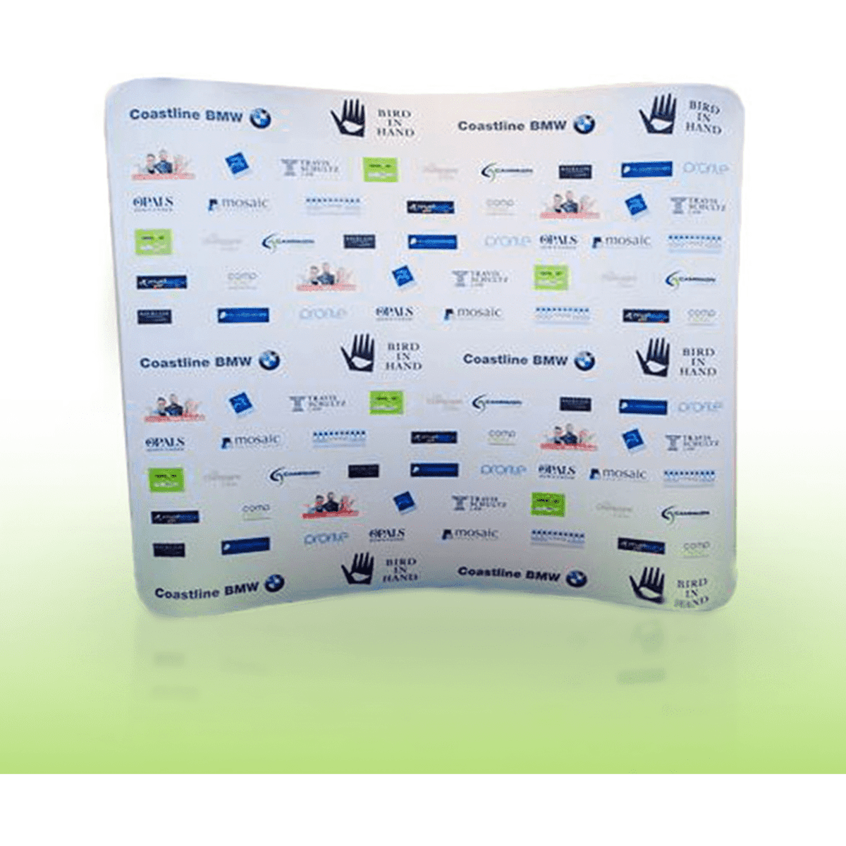 A curved backdrop display measuring 3.0m x 2.25m, featuring various logos and a white background.