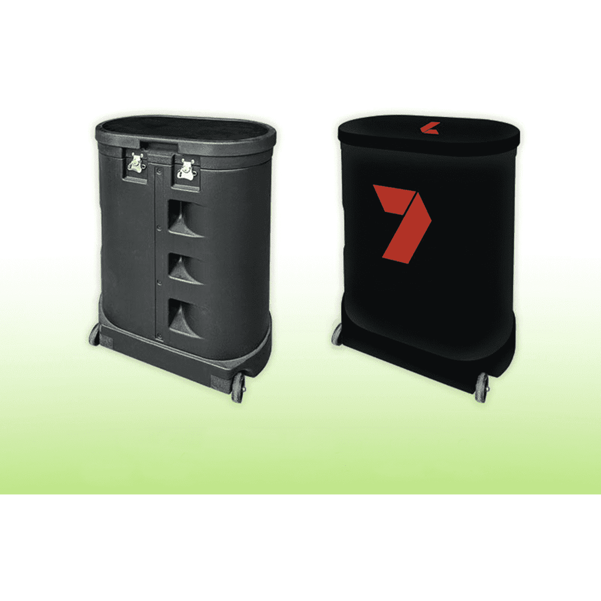 A travel case for media banner walls, featuring black outer material and a logo, with wheels for mobility.