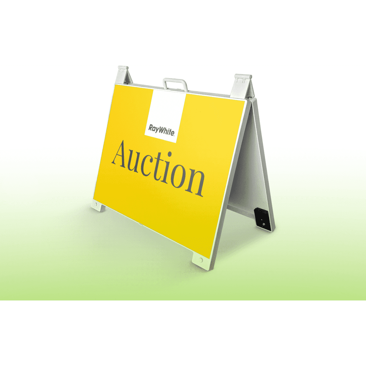 A yellow A-frame real estate sign board with a logo and a central handle. It features a sturdy design for outdoor use.