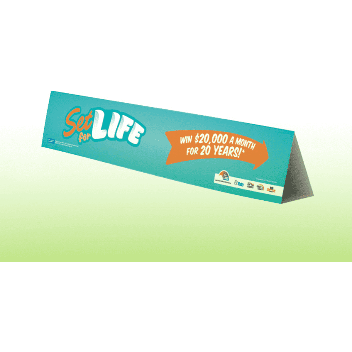 A corflute bolster sign in teal and orange, promoting a lottery with a branded logo.