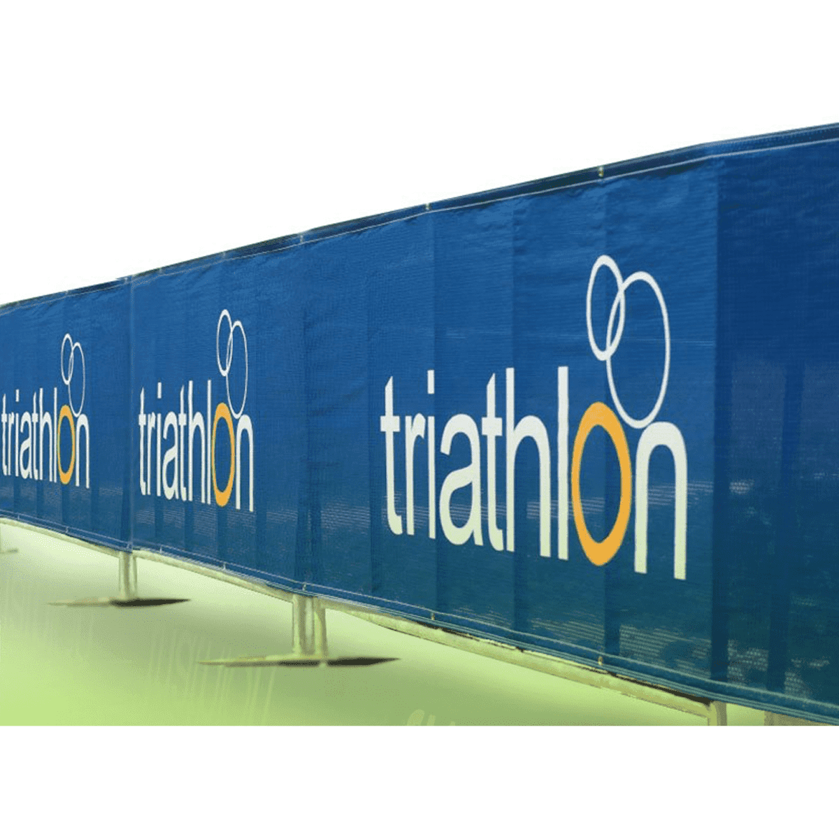 A blue polyester mesh banner featuring a logo, suitable for fence wrapping and promotional use.