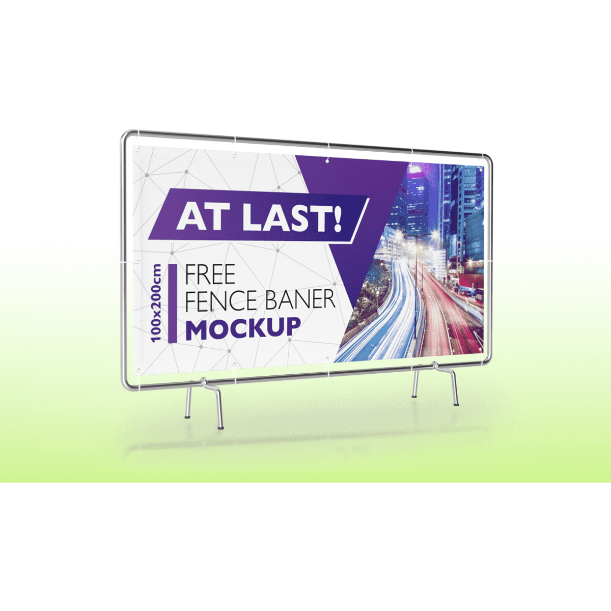 A promotional mesh banner mockup featuring a vibrant city scene, purple and white design, on a metallic frame.