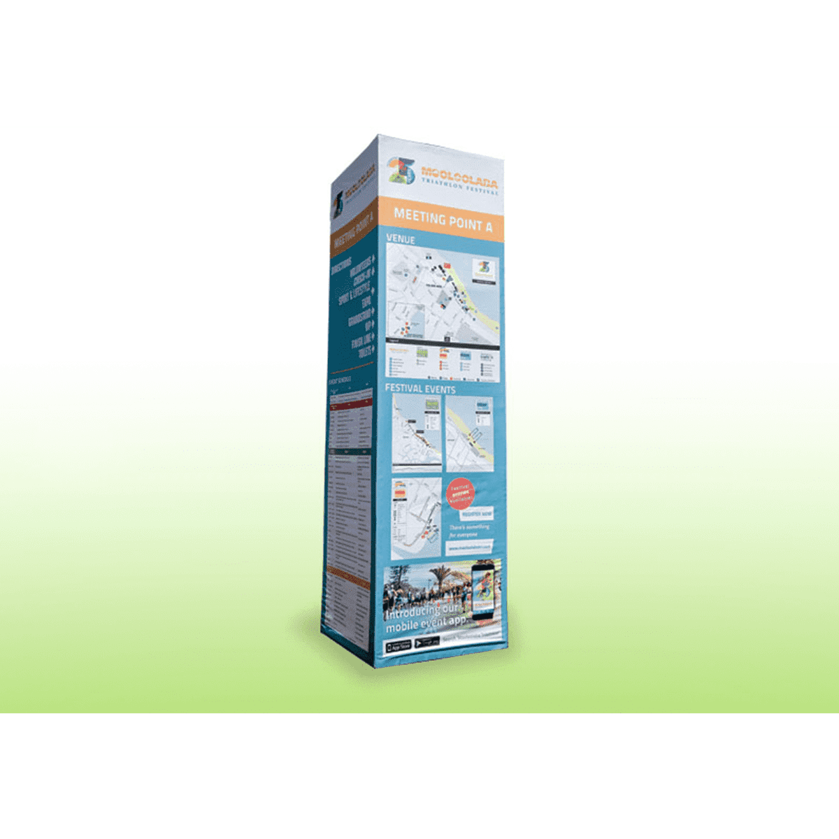 A tall promotional sign wrap with vibrant blue and orange colours, featuring event information and a logo.