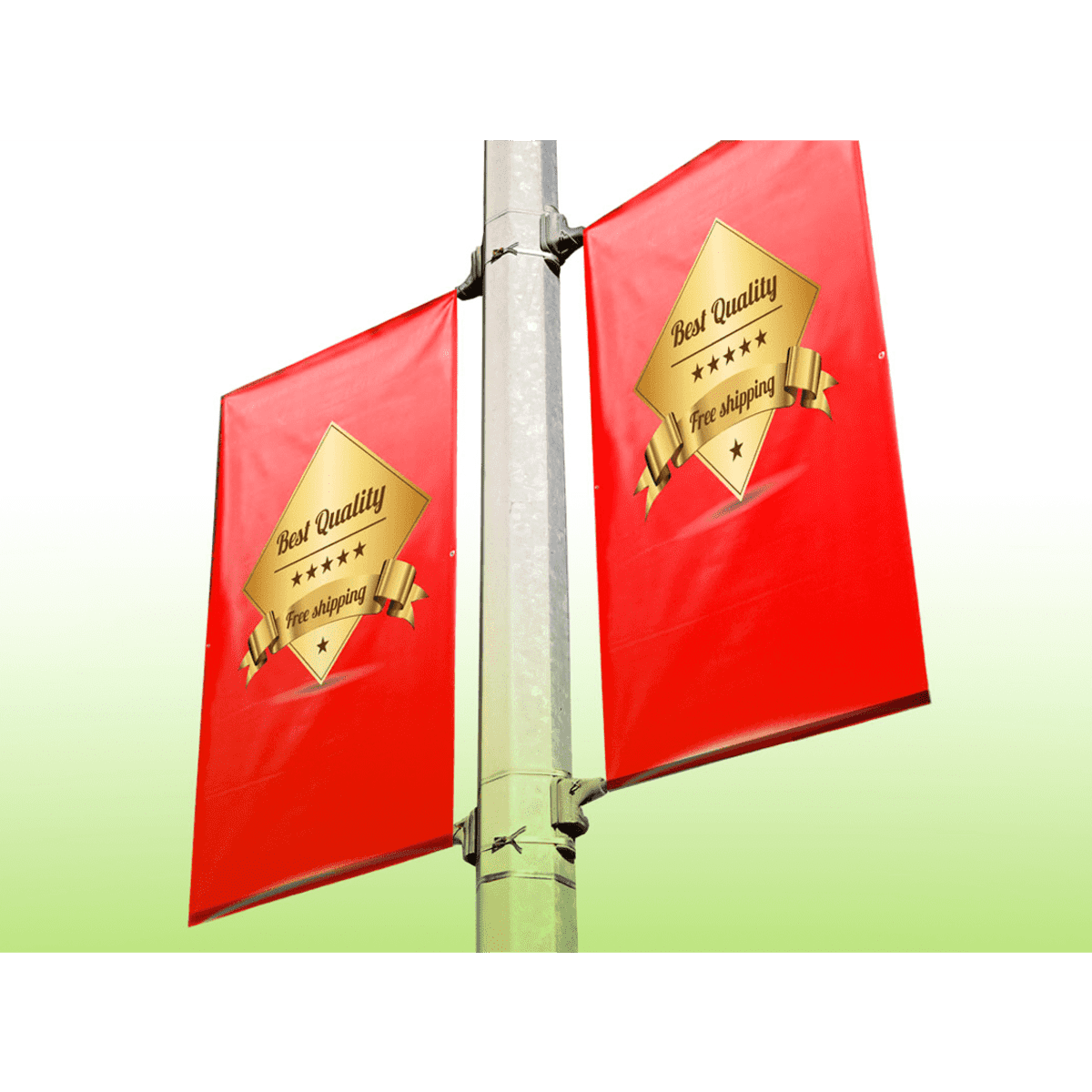 Two red vinyl PVC street pole banners featuring gold branding on a silver pole.