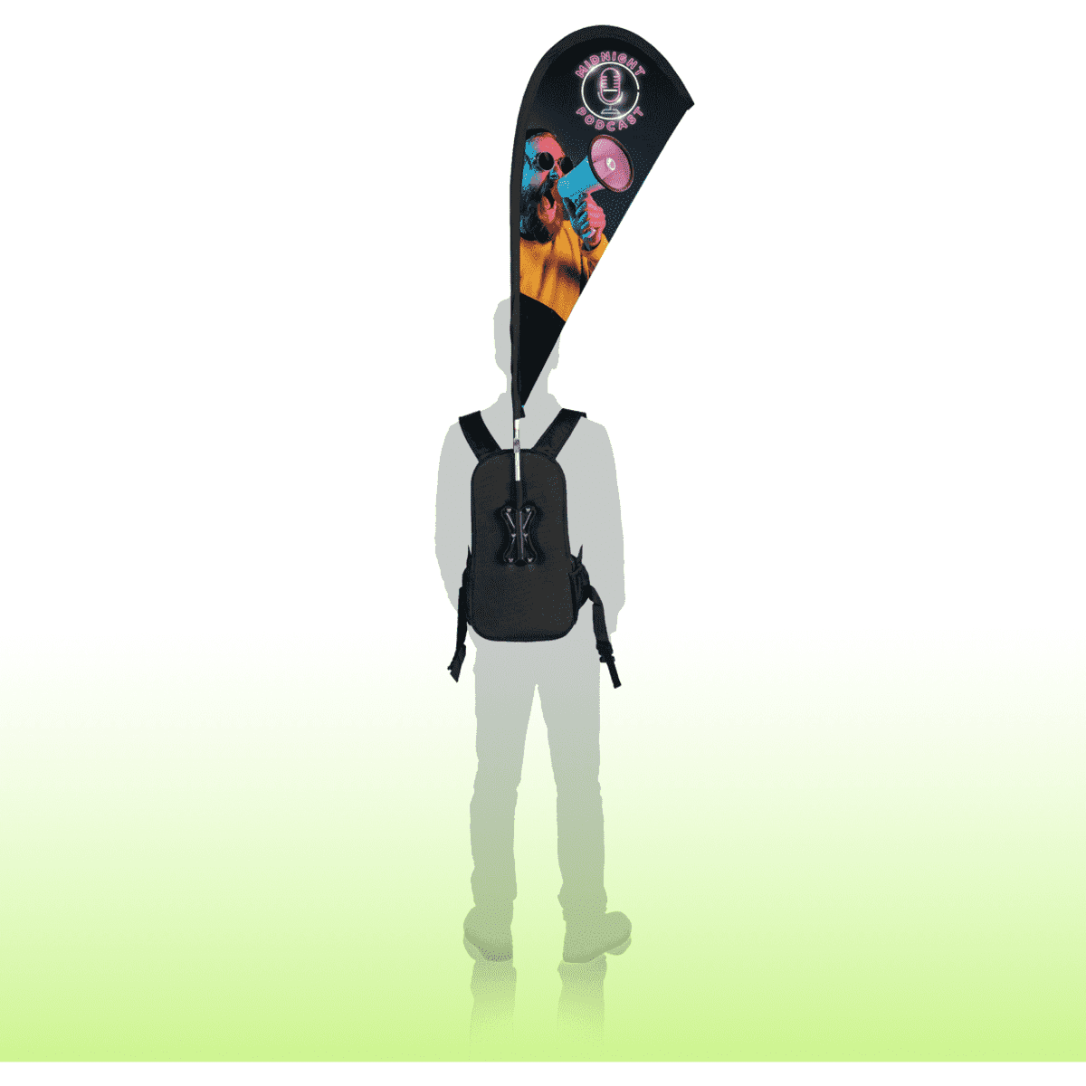 A black backpack with a single-sided flag banner attached, featuring vibrant graphics and colours.