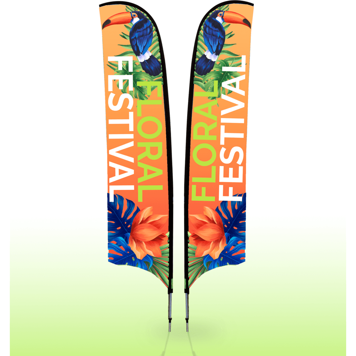 Large double-sided feather banners featuring vibrant tropical designs with orange, green, and floral accents.