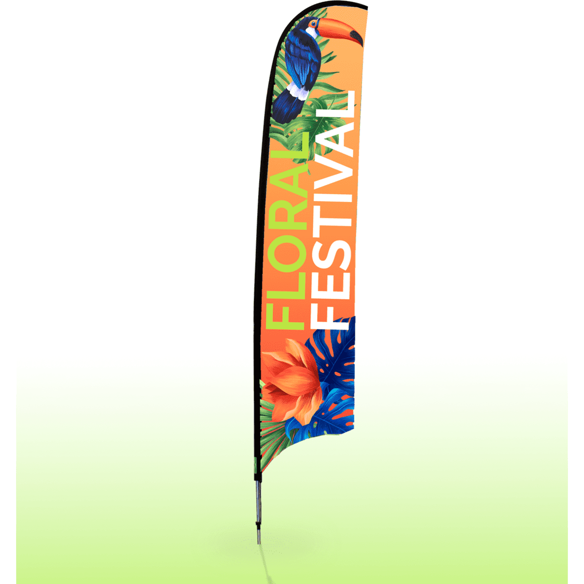 A large single-sided feather banner featuring bright floral designs in orange, green, and blue, with a logo.
