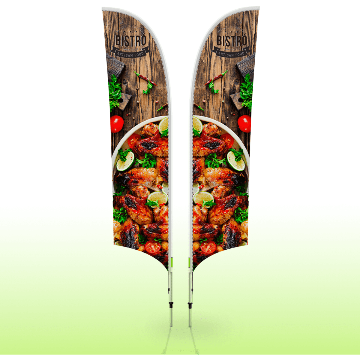 Medium double-sided feather banners featuring vibrant images of grilled chicken and fresh ingredients with a wooden background.