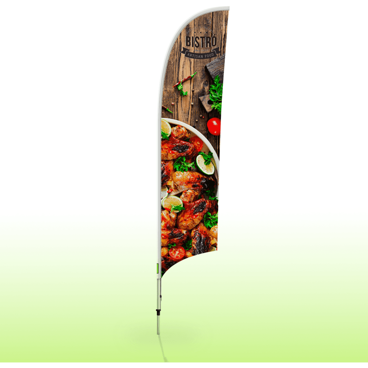 A medium single-sided feather banner featuring a vibrant food design with greens and grilled meats, and a logo at the top.