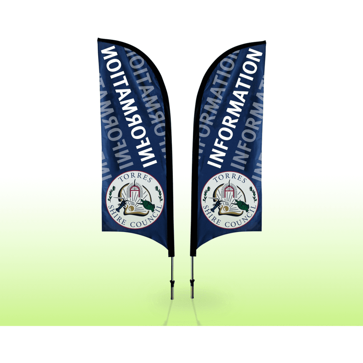 Two double-sided feather banners with a blue and white design, featuring a logo and the word "Information."