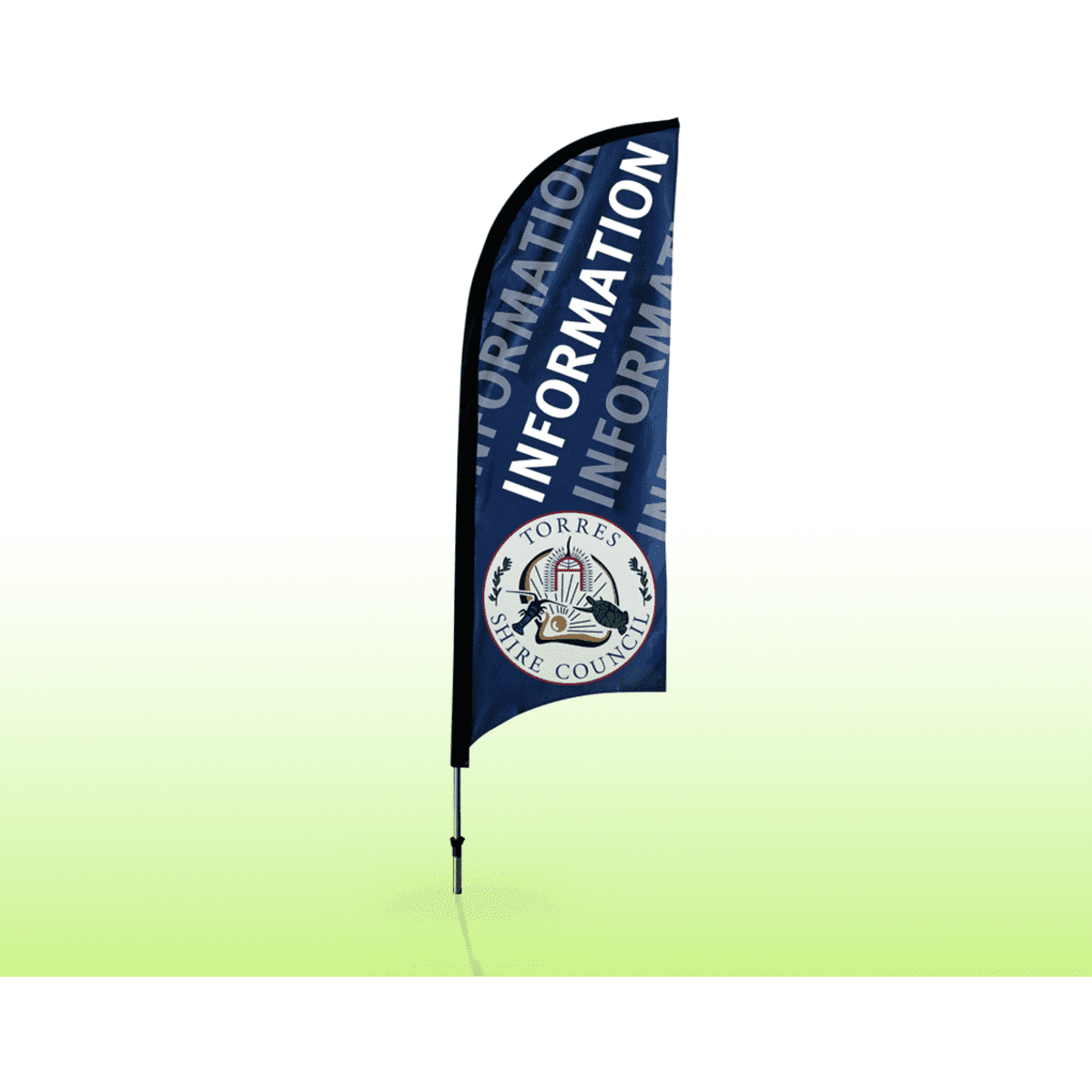 A blue feather banner featuring the word "INFORMATION" and a logo at the bottom, with a curved design.