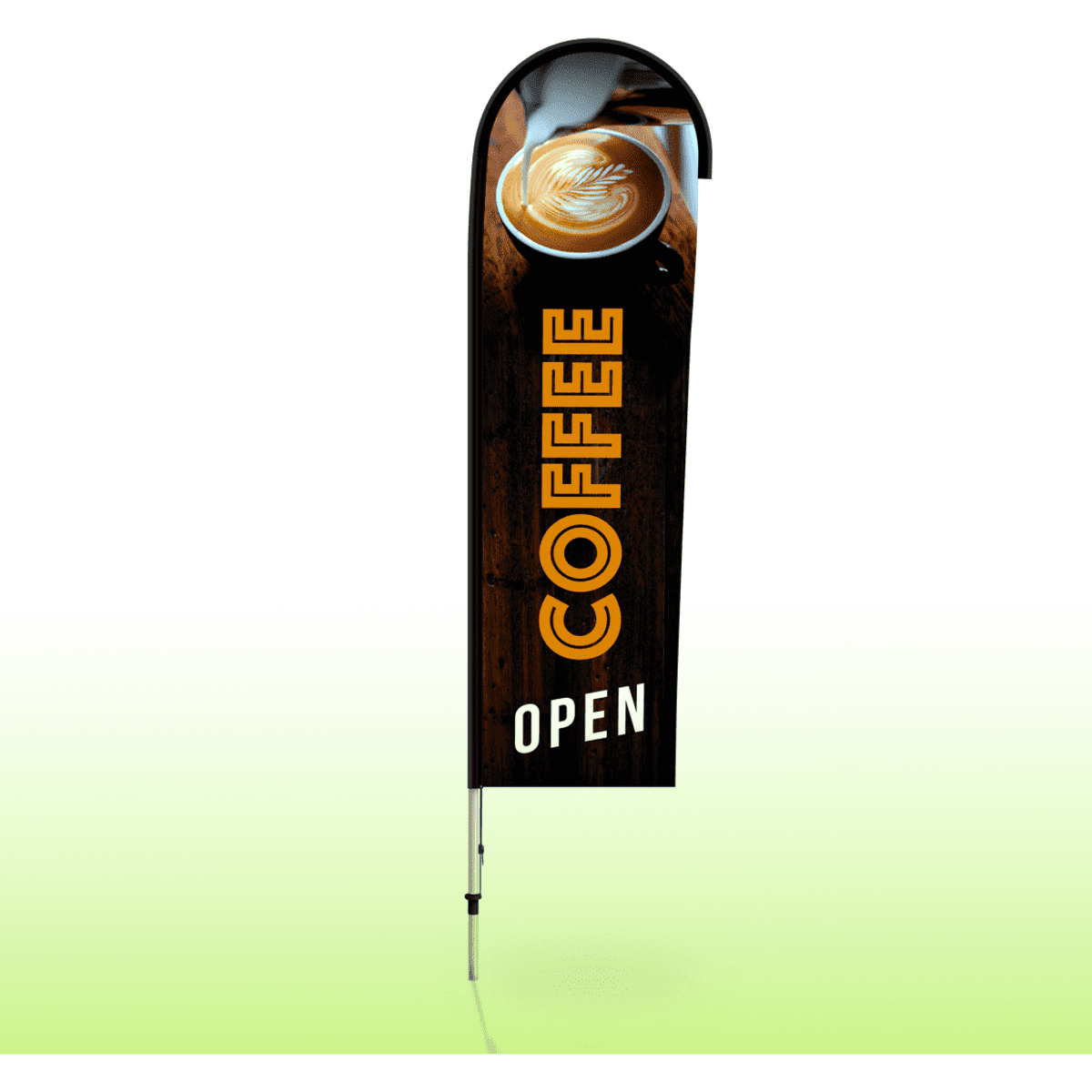 A medium-sized feather banner in black and orange featuring a coffee cup graphic, with a logo at the top.