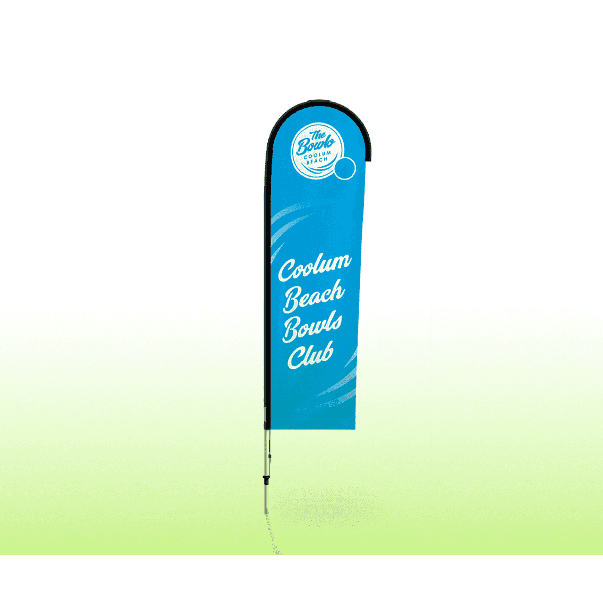 A small feather bow flag in blue, featuring a logo and text for Coolum Beach Bowls Club.