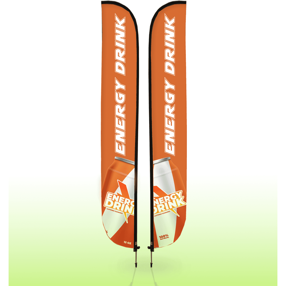 Large double-sided feather bow flags in bright orange, featuring branding and a sleek design, mounted on black hardware.