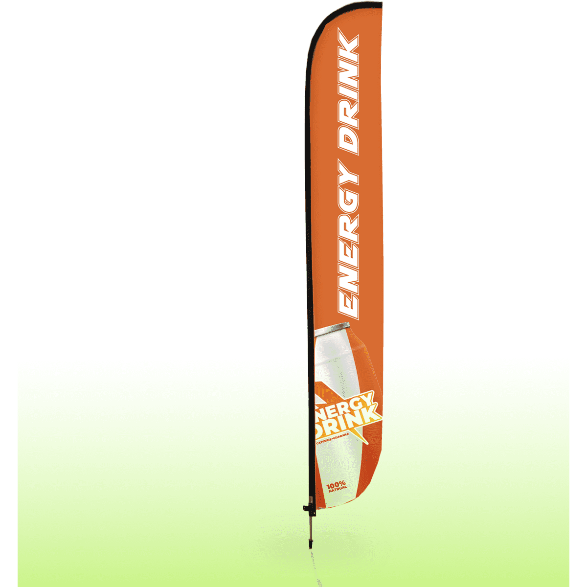 A large, orange feather bow flag banner with an energy drink graphic and a black pole. It has a logo at the bottom.
