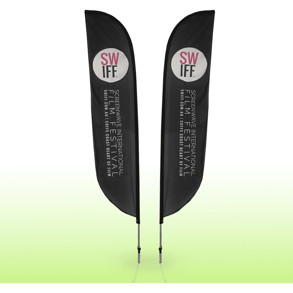 Two medium double-sided feather bow flags in black, featuring a logo and promotional text.