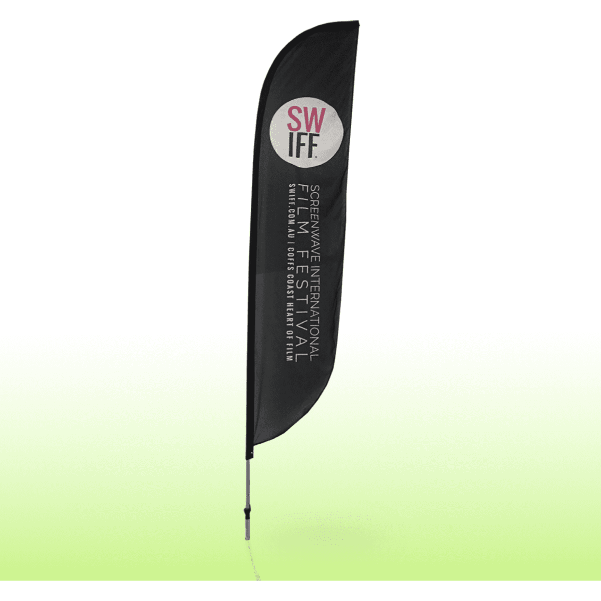 A black feather bow flag featuring a logo and text, set against a gradient background.
