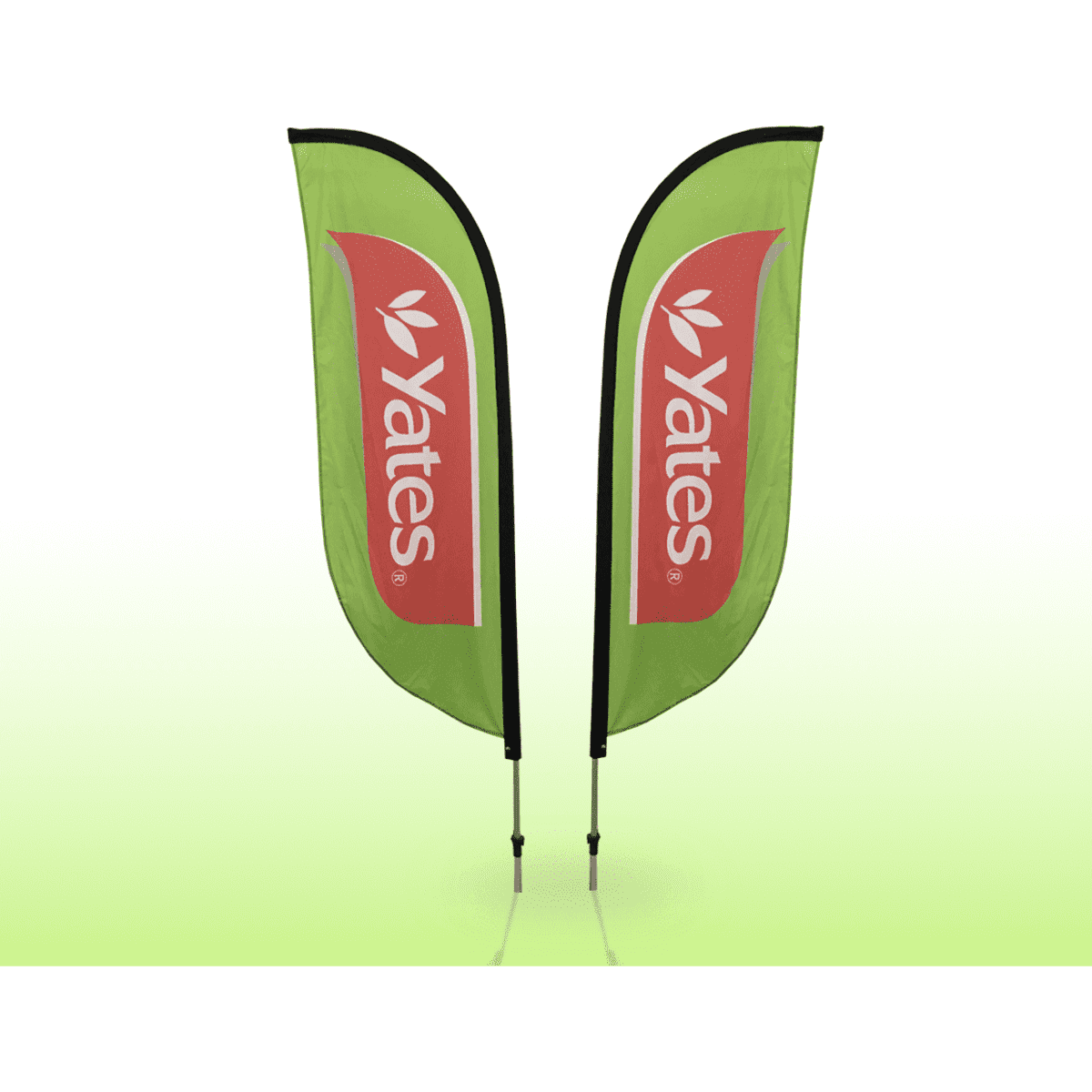 Two small double-sided feather banners in bright green with a logo, featuring a curved design and tall poles.