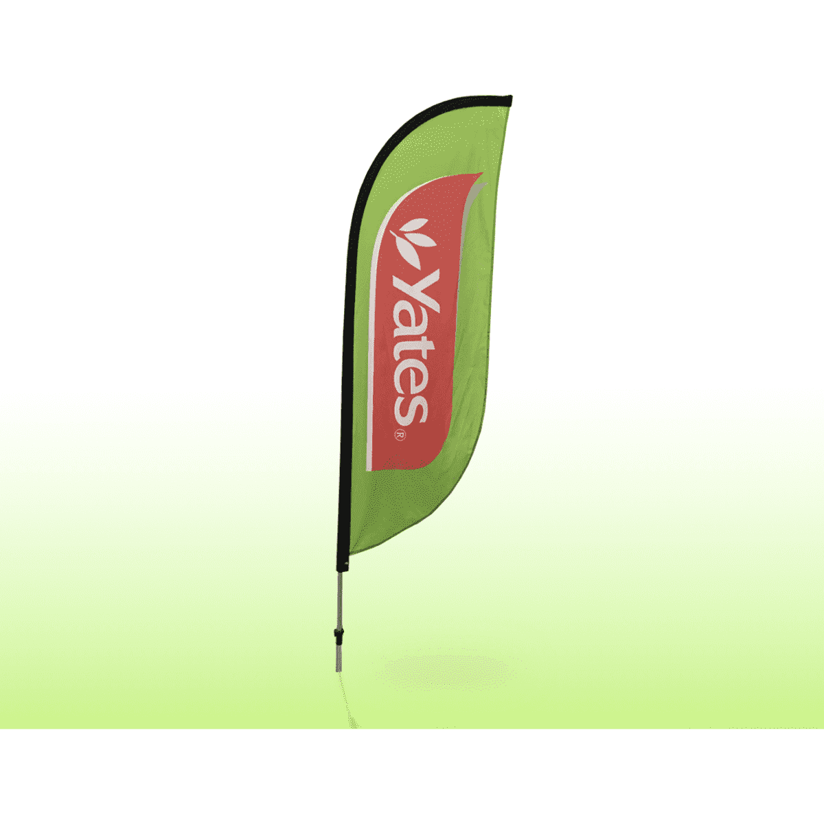 A green feather bow flag with a logo, featuring a sleek and curved design. It has a black border.